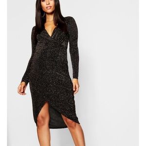 Black and gold shimmer wrap dress; Maternity